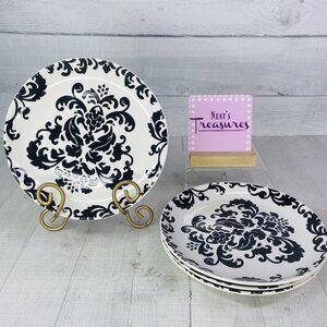 Studio D VERSAILES Black Scrolls White Coupe Round Stoneware Salad Plates Set 4